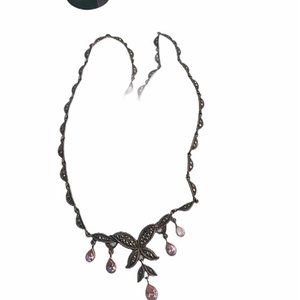 Sterling Marcasite Pink Stone Necklace